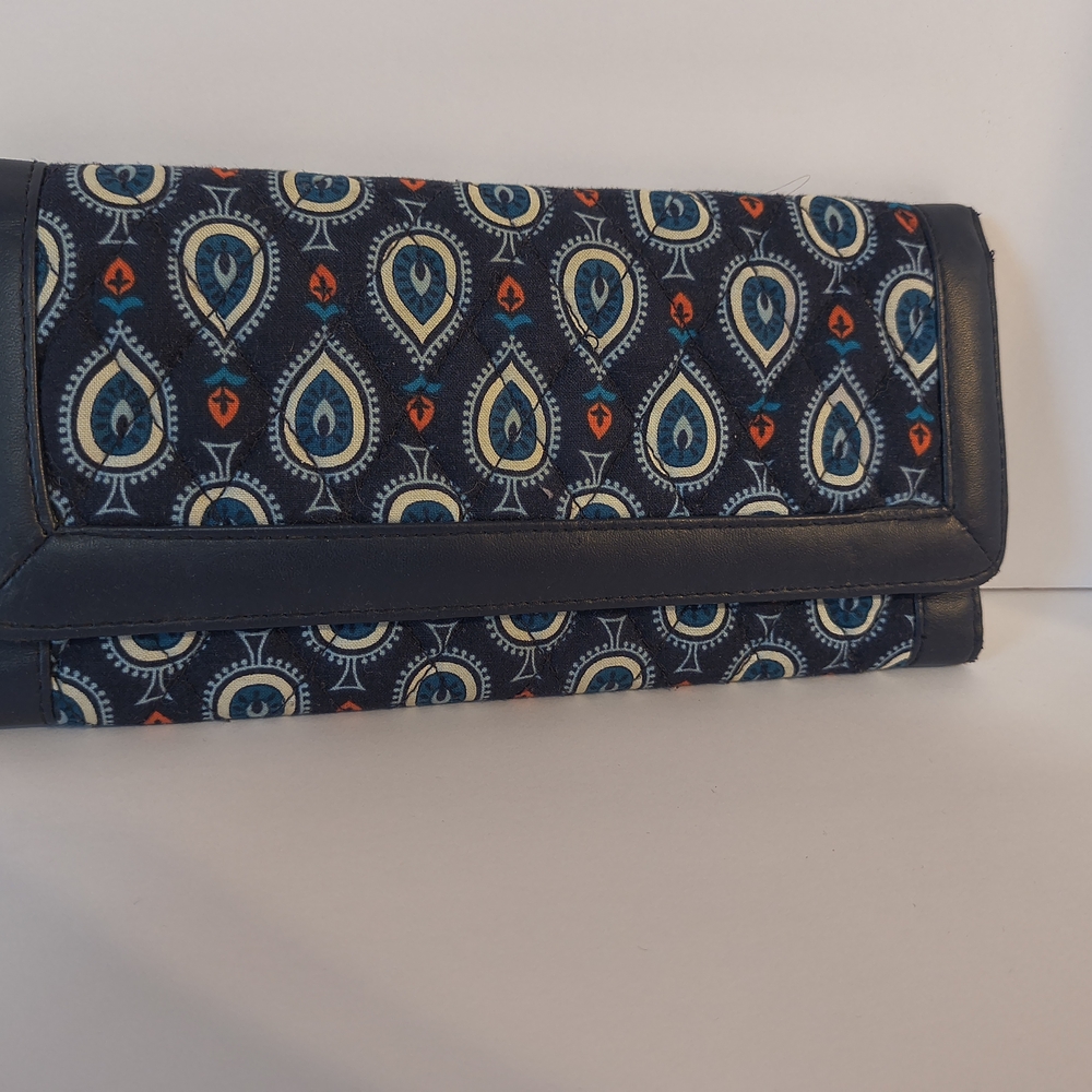 Vera Bradley Navy Blue Patterned Foldover Clutch with Orange Accents